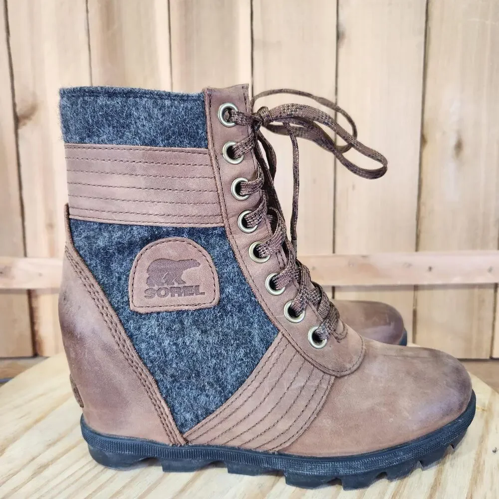 Sorel Lexie Wedge Boots Womens 7 Brown Leather Felt Lace Up Bootie Ankle Winter